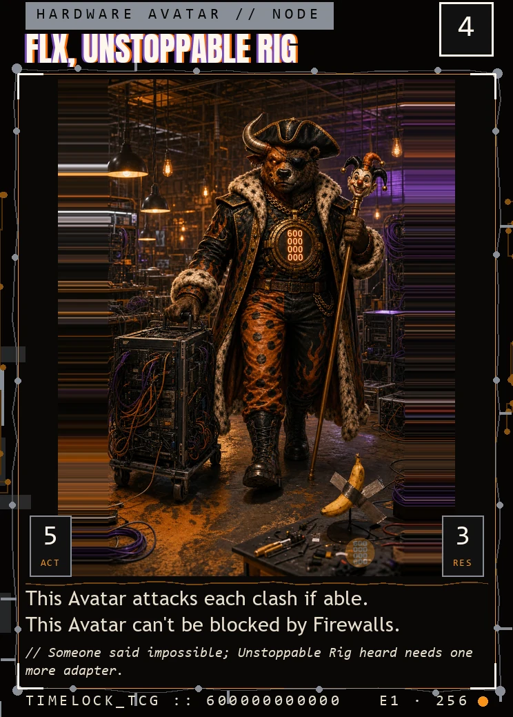 FLX, Unstoppable Rig — a Hardware Avatar card